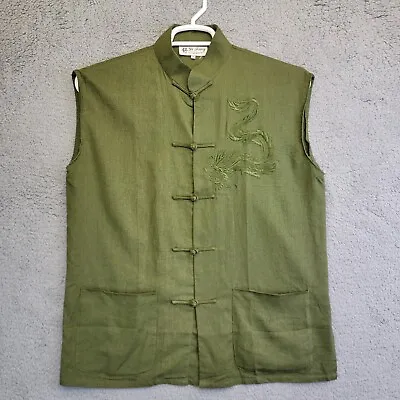 Yi Fang Asian Dragon Embroidered Shirt With Mandarin Collar Mens M Green Linen • $39.58