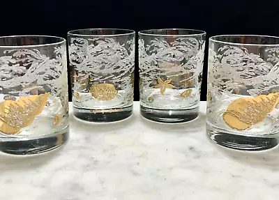 Georges Briard Signed Old Fashioned 4 GLASSES Lowball Glass 22K Gold Seashells • $54