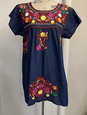 YZXDORWJ Dress L  Blue Mexican Floral Embroidered Boxy Boho Hippe Short Sleeves • $24.99