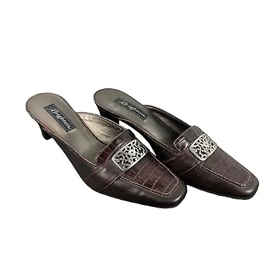 Brighton STEPH Black Brown Croc Embossed Leather Mules Slides Shoes Women's 8.5 • $18.74