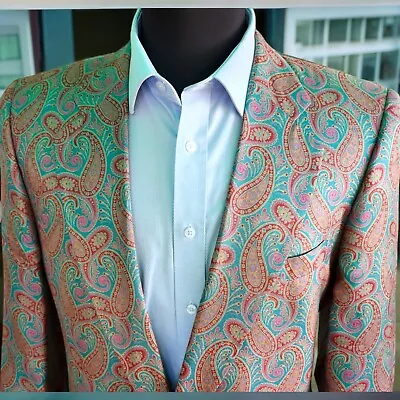 Vintage Bespoke 100% Silk DINNER JACKET 43R Countess Mara Paisley Gold Buttons • $134.10