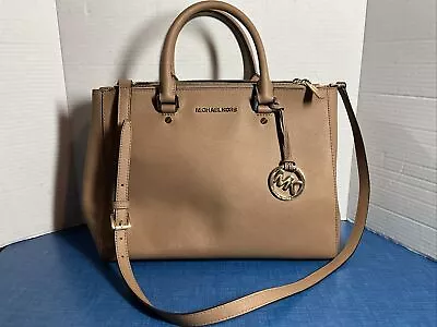 Michael Kors Double Zipper Satchel Shoulder Bag Leather Tote Bag Tan Brown • $59.99