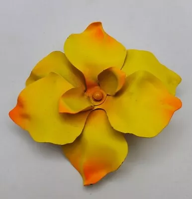 Vintage Matte Enamel Flower Brooch Bright Yellow Orange Mid Mod Pin 2.75  • $20