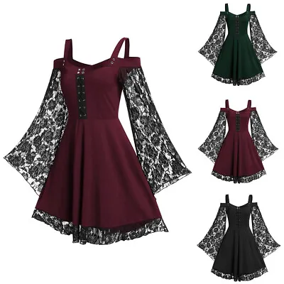 £11.99 • Buy Plus Size Women Victorian Gothic Mini Dress Cold Shoulder Lace Up Tops UK 18-26