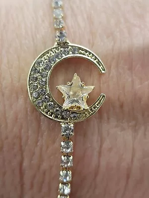 Rhinestone Moon Star Mystical Goldtone Adjustable Bracelet Fits 5  - 9  Inch E61 • $7.91