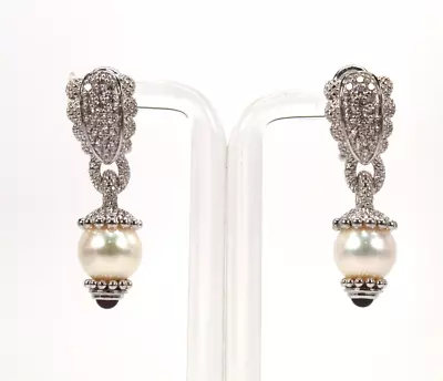 Judith Ripka Sterling Silver Pearl Garnet CZ Fancy Drop Earrings • $125