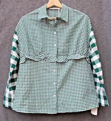 NEW Zara Shirt Womens Size XS Green Gingham Check Button Long Sleeve Ruffle NWT • $9.99