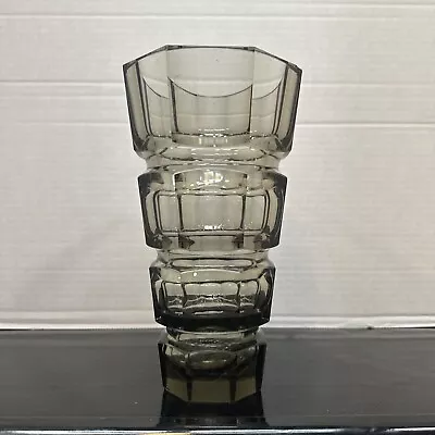 Vintage Moser Faceted Art Glass Crystal Smokey Topaz Vase Josef Hoffmann 10” • $77.99