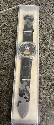 Disney Parks Mickey Mouse Moving Arms Black Leather Watch ~ New In Case Retired • $69.99