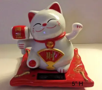 Solar Powered White Beckoning Fortune Happy Cat 5“ Maneki Neko Solar Toy Home De • $17.99