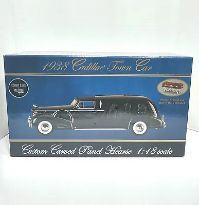 SUNSET COACH 1938 Black CADILLAC TOWN CAR 1:18 CUSTOM CARVED PANEL HEARSE CASKET • $299.95