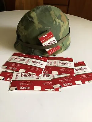 8 ORIGINAL Vietnam War Era 60’s WINSTON MILITARY Cigarette Pack Labels M1 Helmet • $20