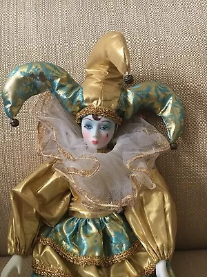 VINTAGE 19  Harlequin Mardi Gras Jester Clown Porcelain Doll Gold Blue Teal Lace • $39.99