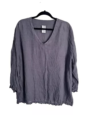 La Fixsun Linen Top Grey Lagenlook Minimalist Size L V Neck Pullover Ruffle • $29.95