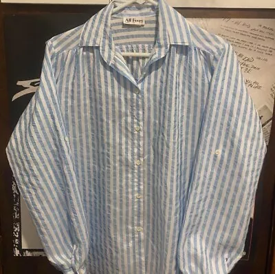 Vintage All Hours Paris Milan Baby Blue White Striped Thin Polyester Button Up • $4.99