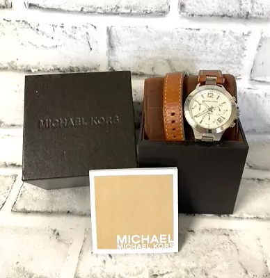 Michael Kors Wrap Bracelet Watch Double Brown Leather Band Silver Trim MK-2260 • $29.99