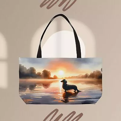 Serene Sunrise Dachshund Weekender Tote Bag -Tranquil Lake Sunrise Oversize Bag • $30.65