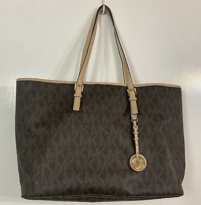 Michael Kors Women's 19in Bag Pebble Leather Mk Monogram Logo Brown Gold Zip • $81