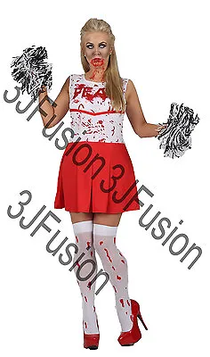 Teen Girls Zombie Cheerleader & Pom-Poms Halloween Fancy Dress Womens Costume EC • £9.60