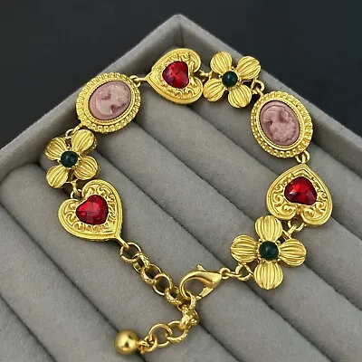 Matte Gold Tone Cameo Panel Link Bracelet Rhinestone Hearts Flowers Cabochon • £31.13