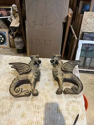 Pair Antique Carved Oak Wind Griffin Painted 15.25 X 12 X 5. • $785