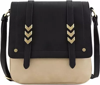 NWT Alyssa Large Flapover Messenger Crossbody Bag Vegan Leather Black Beige • $18.99