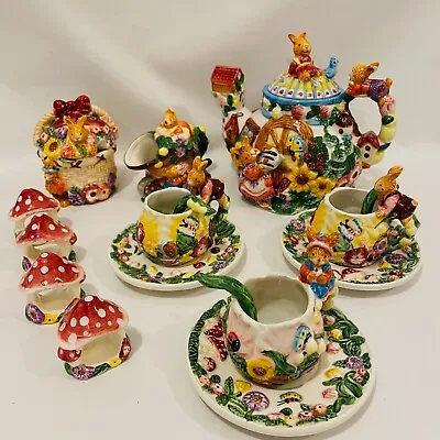 Mercuries Springtime Garden Bunny Rabbit Decorative 18pc Tea Set Broke Ears-READ • $20