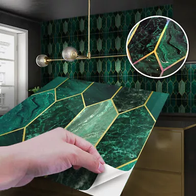 10pcs Green Gold Stamp Marble Self-adhesive Bath Kitchen Wall Stair Tile Sticker • $24.77