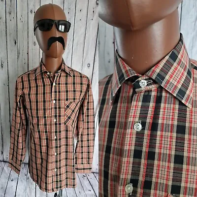 Vintage 1970s Top Set SHIRT -Medium- Brown Check PolyCotton Mod Slim Fit BS57 • £10