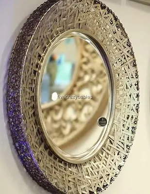 Contemporary Silver MESSED METAL Wall Mirror Modern Extra Large Round Horchow • $360.80