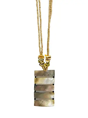 Vintage Mother Of Pearl Shell Beads Necklace Bar Ladder Pendant Abalone 22” Tan • $8.07