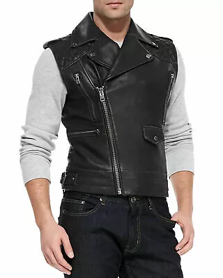 Men's Genuine Lambskin Leather Motorcycle Vest Slim Fit Sleeveless Biker Jacket • $89.99