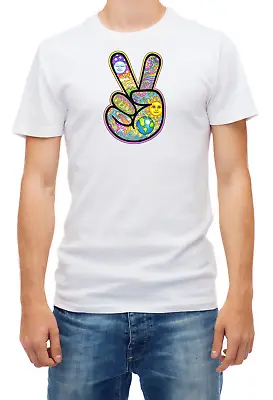 Hippie Stickers Peace Hand Colorful Short Sleeve White Men's T Shirt C026 • £9.69