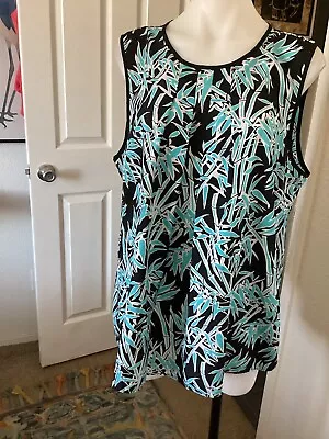 Michael Kors Black Aqua Polyester Sleeveless Keyhole Back Leaf Tunic Top XL • $17.50