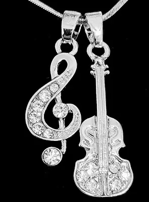 Music Treble G Clef Note Violin Pendant Necklace Clear Crystals & Gift Box • $12.95