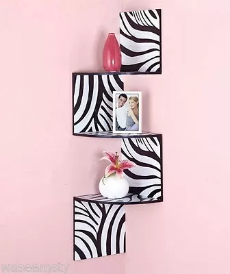 Wild Animal Print Zebra Corner Wall Zig Zag Wooden Shelf Display Accent Decor • £37.59