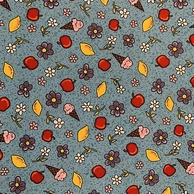  Village People  Floral Fabric By Fabri-Quilt Apples Lemons Ice Cream Blue BTY • $12.50