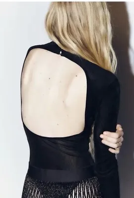 Zara Velvet Bodysuit Black Jersey Long Sleeve Open Back L Run Small • $29.99