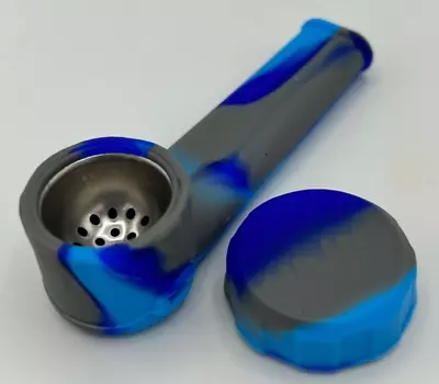$7.99 • Buy Silicone Smoking Pipe With Metal Bowl & Cap Lid | Lt Blue Gray Blue   | USA