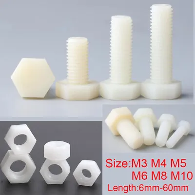 M3 M4 M5 M6 M8 M10 White Nylon Plastic Hex Screw Bolts Nut Hexagon Head Screws • $5.05