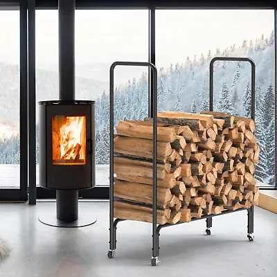 Rolling Firewood Log Store Rack Fireplace Wood Storage Holder Metal Log Basket • £25.91