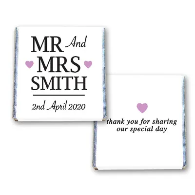 100 Personalised Wedding Chocolate Squares Favours Gift Lilac Hearts - Mr & Mrs • £16.99