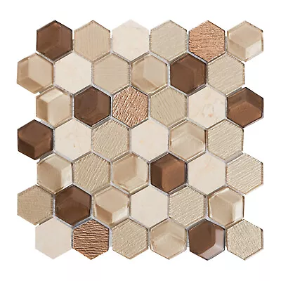 Hexagon Crema Marfil Stone Metallic Beige 3D Insert Glass Mosaic Tile Backsplash • $198.90