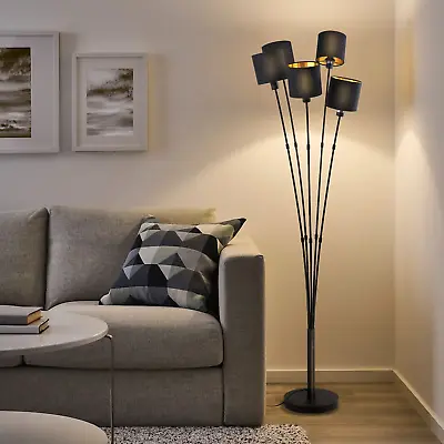 Floor Lamp In Metal And Black & Gold TextileVintage Light With 5 Swivelling Lam • £92.32