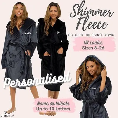 Personalised Womens Ladies Dressing Gown Shimmer Fleece Plush Velvet Hooded Robe • £29.99