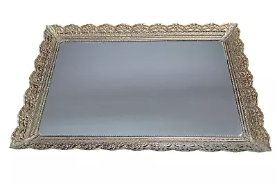 Vintage Gold Tone Floral Filigree Mirror Dresser Or Vanity Perfume Tray • $9.99