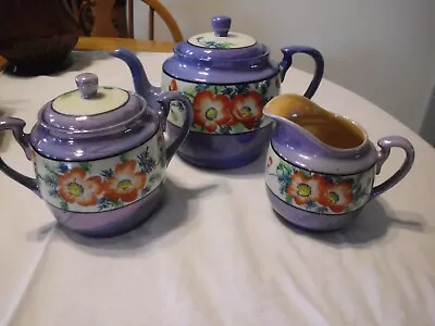 Vintage Japanese Lusterware Tea Set With Teapot Creamer Sugar Orange Flowers • $23.95