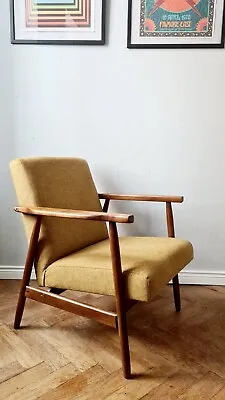 Mid Century Mustard Yellow Linen Armchair 60s • £460