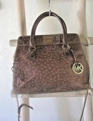 Michael Kors Distress Brown Ostrich Emboss Leather Ml Satchel/shoulder Bag  • $85