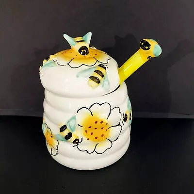 Vintage 4.5  Hand Painted Ceramic Honey Pot Floral Bee W Dipper Yellow Green  • $25